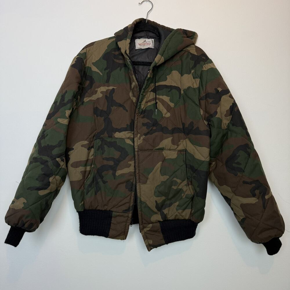 Vintage Mens Woodfield Camo hooded puffer jacket quilted outdoor winter XL USA